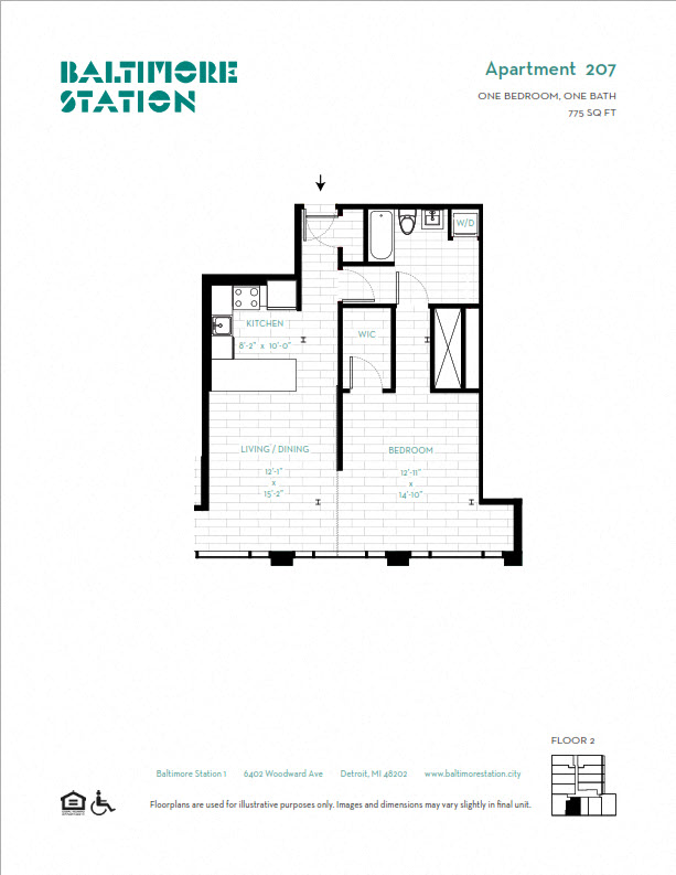 Floor plan for 1 bed, 1 bath, 775 sqft